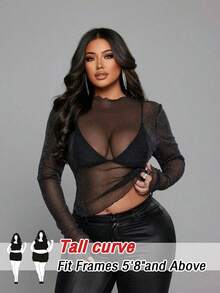 SHEIN Tall CURVE 大码纯色透视性感高领长袖女式衬衫 - 黑色 - 查看 1
