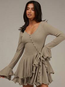 Athîral Women's Casual Ruffled Mini Dress - Khaki - View 4