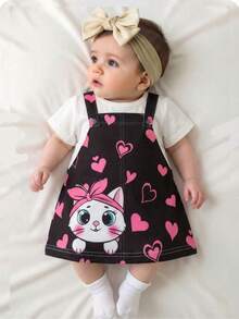 SHEIN 新生儿卡通猫咪爱心印花圆领短袖休闲连衣裙 - 黑與白 - 查看 7