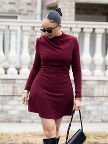 Melissa Matos 女士优雅简约精致浪漫甜美日常通勤婚礼派对音乐节节日褶皱 A 字迷你连衣裙，红色长袖 - 酒紅色 - 查看 3