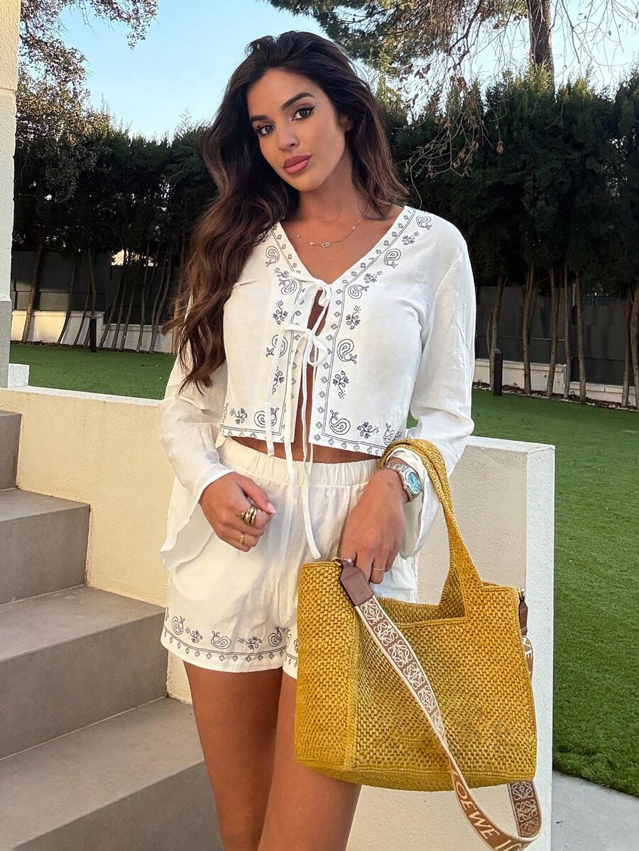 Maca Silvats 女式波西米亚腰果印花系带衬衫和短裤套装 - 白色 - 查看 1