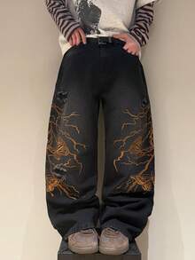 STEELVANCE Jeans rectos casuales y sueltos con diseño desgarrado y bordado de mariposa y vid, de estilo callejero y versátil - Negro - Ver 5