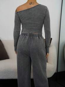 SAYEHFBABY Women's Daily Wear Essentials Knit Stretchy Comfy Asymmetrical Neck Long Sleeve Tops And Wide Leg Sweatpants Tracksuit,2pcs,French Grey - Grey - View 2