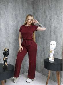 Conjunto  pantalón con línea + blusa corta 
 Tela acatalanada, cómoda - Rojo violeta - Ver 2