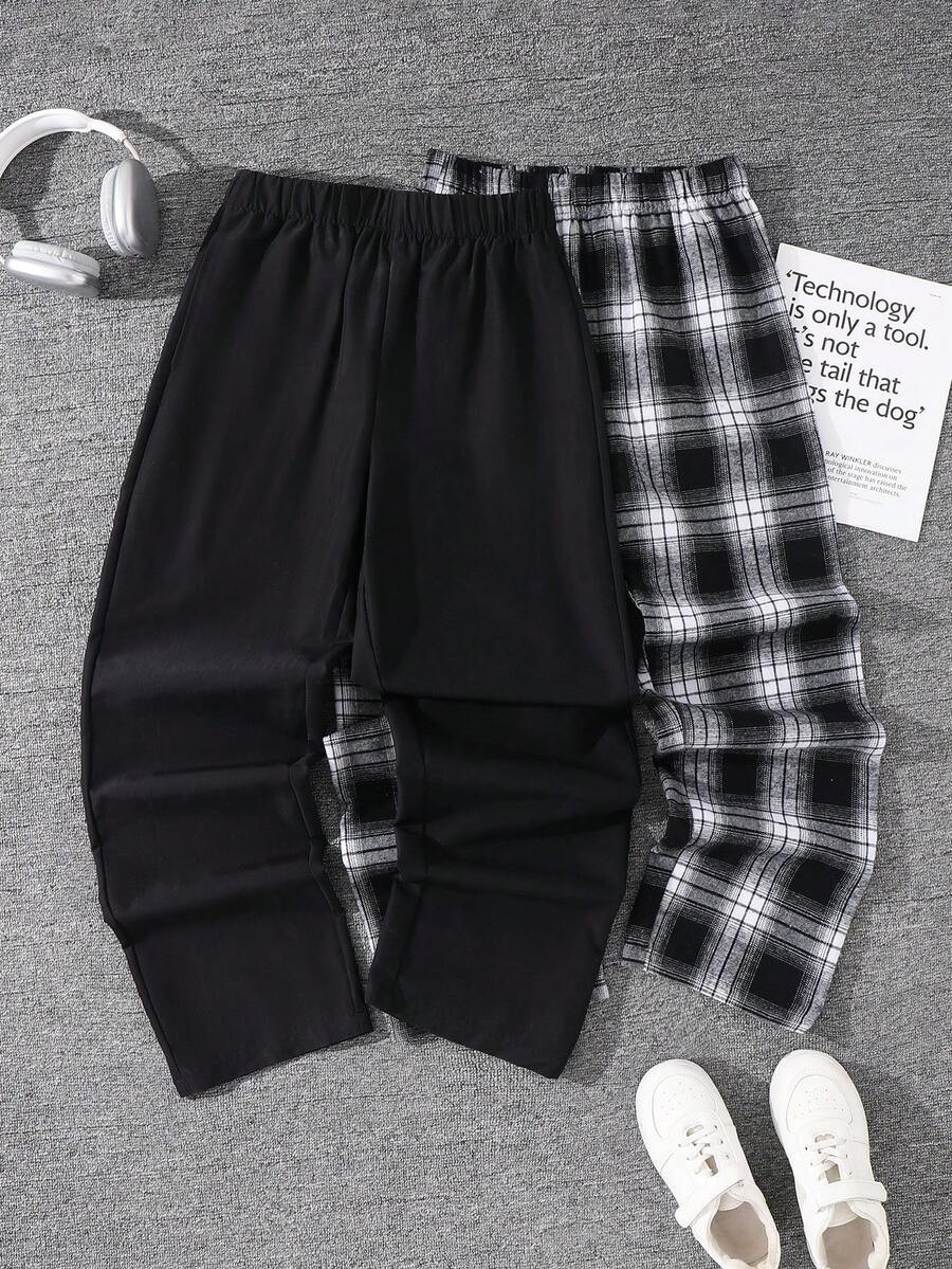 SHEIN 2件套青少年男童休闲舒适百搭格子及纯黑色直筒裤，多条装 - 彩色 - 查看 1
