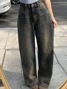 FRIFUL 女士做旧水洗直筒牛仔裤，休闲百搭长款牛仔裤 - 藍色 - 查看 4