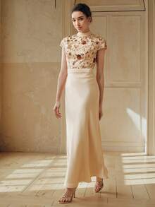 Anewsta 女士优雅中长款鱼尾裙连衣裙，刺绣拼接缎面连衣裙，适合节日、音乐会等场合 - 杏色 - 查看 5