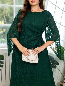 Reflora 大码褶皱圆领宽松优雅夏季连衣裙 - 綠色 - 查看 5