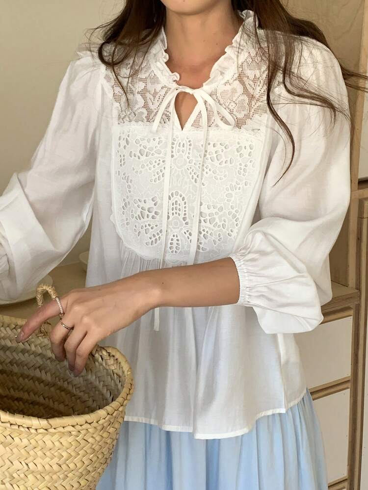 Women's Round Neck Frill Lace Patchwork Tie Front Long Sleeve Elegant Blouse, Vacation Style