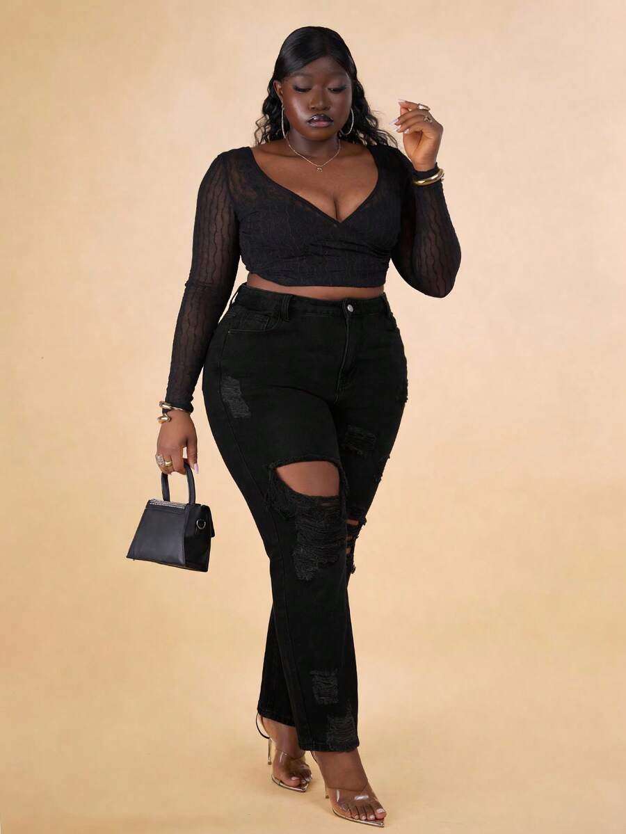 CurvyTilda 大碼高腰破洞直筒牛仔褲 - 黑色 - 查看 1