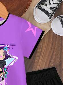 2件套KPOP女团图案数码印花T恤，女童数码印花短袖上衣和短裤套装，时尚休闲韩版风格，适合所有季节女童穿着 - 彩色 - 查看 4