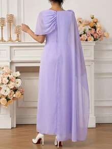 Ellevyn 女士纯色浅紫色收腰不对称花卉装饰优雅雪纺连衣裙，适合秋季、冬季和早春日常穿着。 - 紫色 - 查看 3