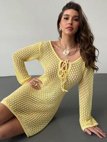 RiviMae Sexy V-Neck Tie-Up Hollow-Out Knitted Long Sleeve Beach Dress - Yellow - View 1