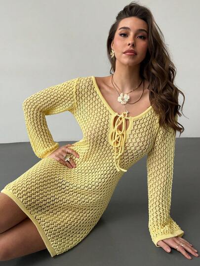 RiviMae Sexy V-Neck Tie-Up Hollow-Out Knitted Long Sleeve Beach Dress
