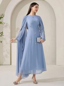 Veilorie Đầm xếp ly kiểu Ả Rập thanh lịch dành cho nữ, đính họa tiết bướm. - Màu xanh lam - Xem 4