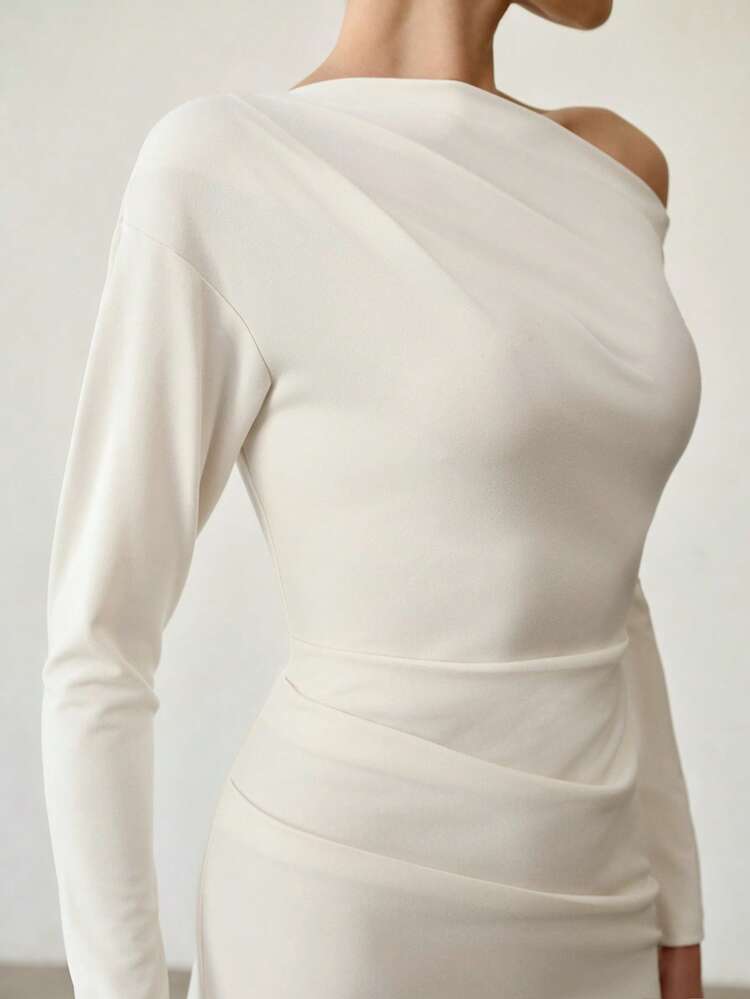 WOMEN'S SOLID COLOR ASYMMETRICAL NECK CINCHED WAIST FITTED ELEGANT LONG SLEEVE MID-LENGTH DRESS