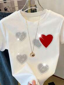 SHEIN LUNE 大码爱心印花短袖T恤，休闲夏季款 - 白色 - 查看 3