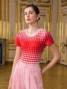 LOTSLUV 女士粉色和红色渐变爱心印花圆领短袖针织修身连体衣，情人节 - 粉色 - 查看 6