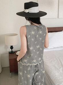 DAZY Women's Round Neck Sleeveless Striped Embroidered Vest And Loose Straight Leg Pants 2-Piece Set, Casual Vacation Style - Grey - View 5