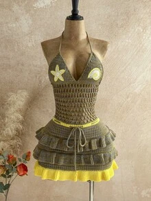 Soleia New Knitted Halter Neck Tie Strap Multi-Layer Ruffle Hem Mini Dress, Suitable For Party, Date, Valentine's Day, Easter, Carnival, Afternoon Tea, Beach, Cruise, City Vacation, Autumn/Winter Layering - Multicolor - View 4