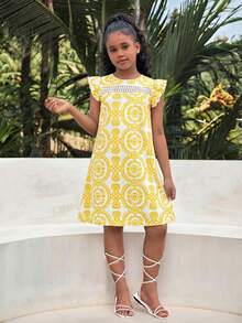 Tween Girls Simple Print Cap Sleeve Dress - Yellow - View 6