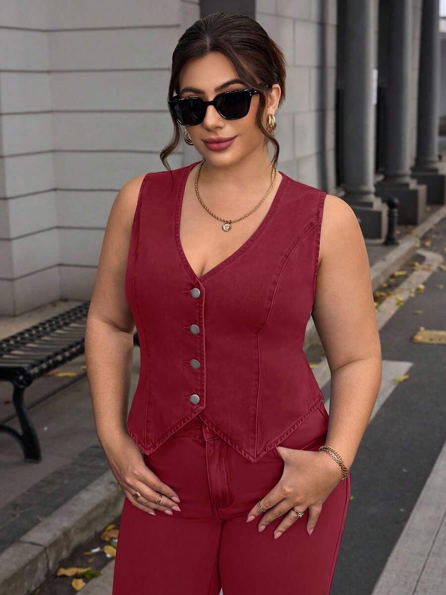 EMERY ROSE Chaleco de mezclilla casual de talla grande para verano - Burdeos - Ver 1