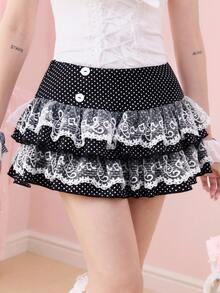ROMWE J-Fashion Y2K蕾丝拼接波点印花低腰女式迷你裙 - 彩色 - 查看 6