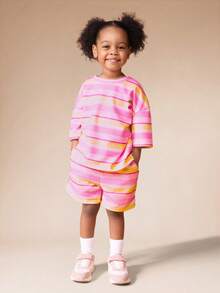 SUMWON Oversized Girls Horizontal Striped T-Shirt And Shorts Co-Ord Set Summer Casual Crew Neck Short Sleeve Two Piece Outfit - Pink - View 6