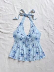 Soleia 女士休闲度假V领蝴蝶结露背吊带娃娃衫，适合夏季度假 - 藍色 - 查看 4