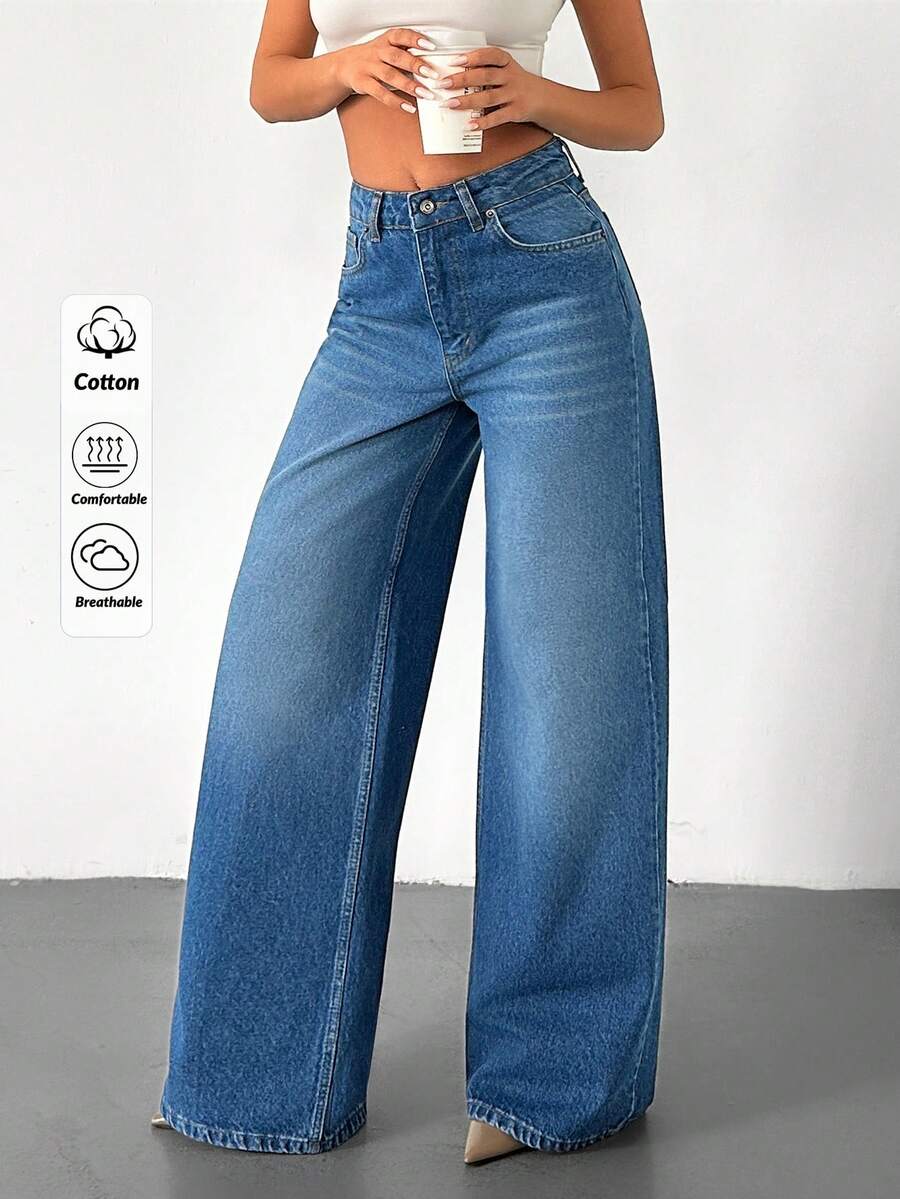 SHEIN 100% Cotton Women's Slant Pocket Casual Wide Legs Jeans - Medium Wash - View 1