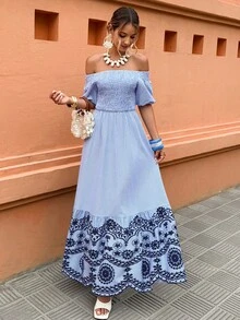 Selianne Women's Off-Shoulder Striped A-Line Print Split Dress, Casual Vacation Outfit, Spring/Summer - Multicolor - View 3