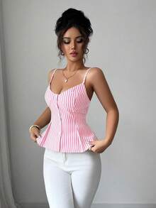 Elenzga Women's Cotton Striped Buttoned Pleated Elastic Camisole, Bohemian Style For Spring/Summer Vacation - Pink - View 5