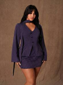 Rustia Plus Size Casual Striped Blazer & Mini Skirt 2 Pieces Set - Purple - View 7
