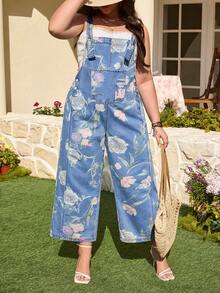 Breezaya Quần yếm denim in hoa dành cho nữ cỡ lớn, kiểu dáng thường ngày, thích hợp đi nghỉ mát, đi làm, mùa xuân/hè. - Rửa trung bình - Xem 1