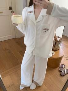 DAZY 2pcs/Set Women Bow Tie & Puppy Embroidery Loose Cardigan Long Sleeve & Pants Pajama Set, Autumn/Winter - White - View 7