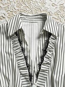 Rina Fox 女士条纹印花蕾丝拼接前扣长袖衬衫 - 彩色 - 查看 3