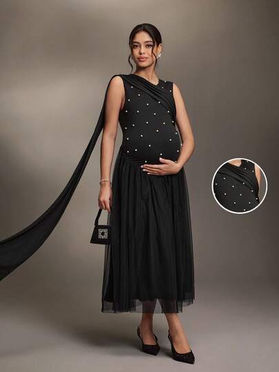 Cheriluna Maternity Pregnant Women's Solid Color Beaded Sleeveless Dress With Ribbons
