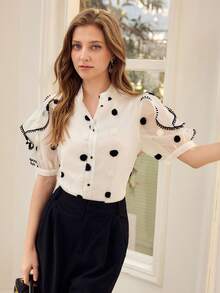 PREMIUM MESH WHITE BLACK SWISS DOT PUFF SLEEVE CONTRAST BINDING RUFFLE TRIM SHIRT - White - View 5