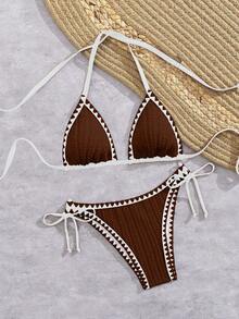Bonvoyette 白色纹理面料贝壳钩编简约优雅女士无钢圈系带比基尼两件式泳衣，适合春夏海滩、机场、度假穿着。 - 棕色 - 查看 6