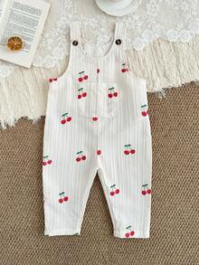 SHEIN 1pc/Baby Girls Unisex Infant Toddler Spring/Summer Cherry Print Beige Striped Overalls With Chest Pocket. Casual Fit, Perfect For Outings - Beige - View 3