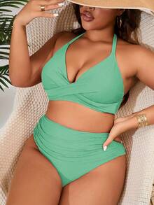 Swim Basics Plus Size Women 2pcs Solid Color Halter Split Swimwear Set, Fashionable Casual Beach Holiday - Mint Green - View 1