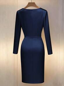SHEIN Franclia Đầm nữ thanh lịch xẻ tà, thắt eo - Màu xanh hải quân - Xem 2