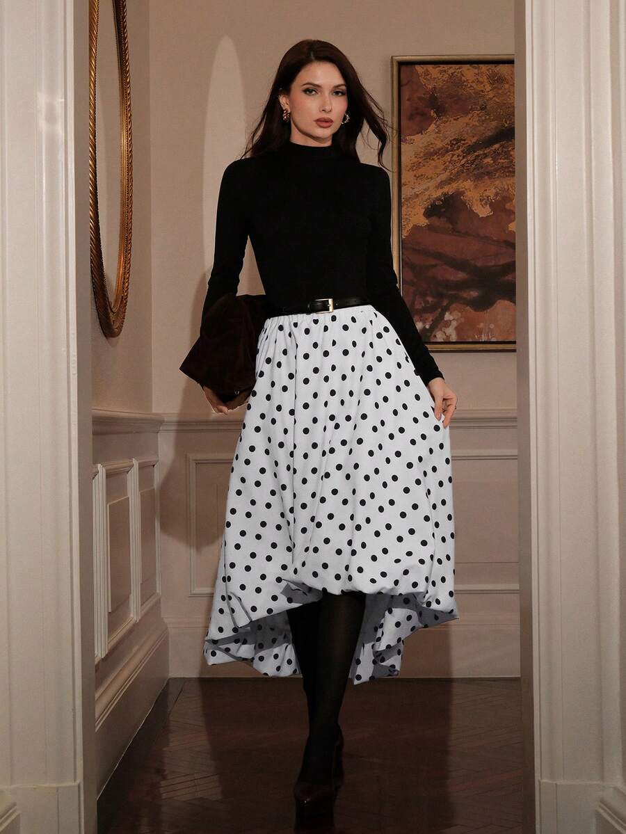 NOVVYNE 波点灯笼裙，松紧腰，喇叭裙 - 白色 - 查看 1