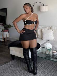 Hauture 珍珠串飾帶背心交叉上衣 - 黑色 - 查看 4