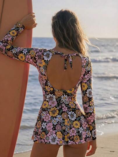Swim SPRTY 1 pieza Vestido casual elegante de playa con mangas largas, cuello con lazo y espalda descubierta con estampado completo para mujer, traje de baño para damas