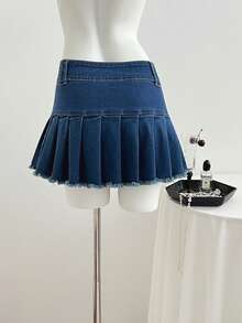 Elamini Women's Button Pleated Fringe Hem Fashionable Versatile Date Party Denim Mini Skirt - Medium Wash - View 2