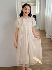 Dazy Kids Tween Girls' Summer Casual Vacation Style Embroidered Mesh Puff Sleeve Loose Dress - Beige - View 1