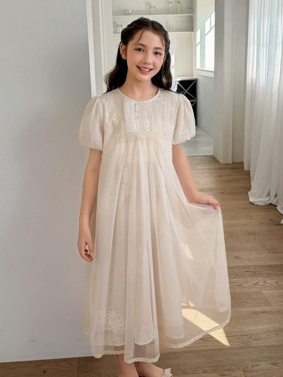 Dazy Kids Tween Girls' Summer Casual Vacation Style Embroidered Mesh Puff Sleeve Loose Dress - Beige - View 1