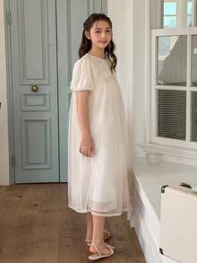 Dazy Kids Tween Girls' Summer Casual Vacation Style Embroidered Mesh Puff Sleeve Loose Dress - Beige - View 6