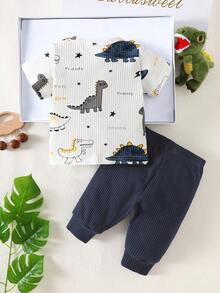 SHEIN 新生男宝宝白色条纹卡通恐龙图案拼接绿色口袋短袖上衣配绿色裤子两件套可爱休闲运动时尚新品 - 藏蓝色 - 查看 2